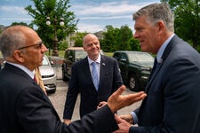 Gianni Infantino, the FIFA president, center, in Washington in April. He has overseen the weakening of changes he championed as a candidate for the position.