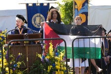 Pro-Palestinian demonstrators unfurled a Palestinian flag during Carol Christ’s commencement speech last month at the University of California, Berkeley.