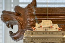 A model of The Times’s old headquarters is in the Museum at The Times. Behind the model is one of the gargoyles that adorned the building.