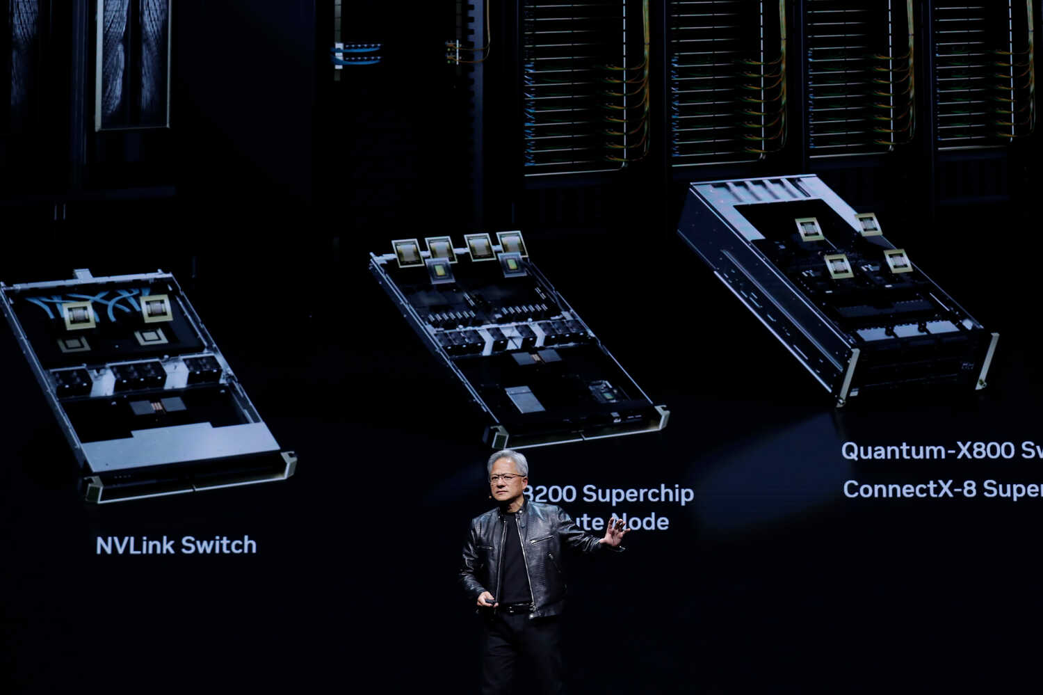 Jensen Huang, the chief executive of Nvidia, delivering a speech this month. The company’s share price has tripled over the last year.