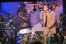 Jay-Z and Alicia Keys shown on a video screen at the Tony Awards performing “Empire State of Mind.”