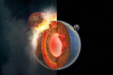 A collision with a Mars-size planetary object called Theia 4.44 billion years ago, left, might not only have formed the moon but also given rise to plate tectonics.