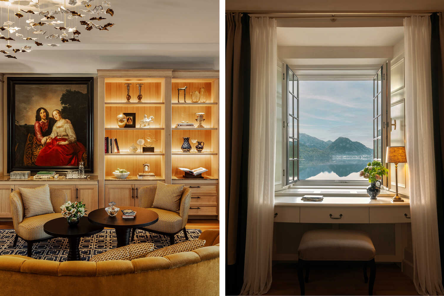 Left: the Sisi Teesalon at Rosewood Schloss Fuschl, near Salzburg, Austria. Right: views of Lake Fuschlee and the Alps from a guest room.