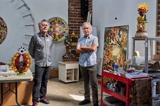Einar de la Torre, left, and his brother Jamex at their art studio in Baja California, Mexico. The brothers share a passion for blown glass and an aesthetic that draws from pre-Columbian deities, Mexican lucha libre wrestlers, Olmec heads, Slavic water spirits.
