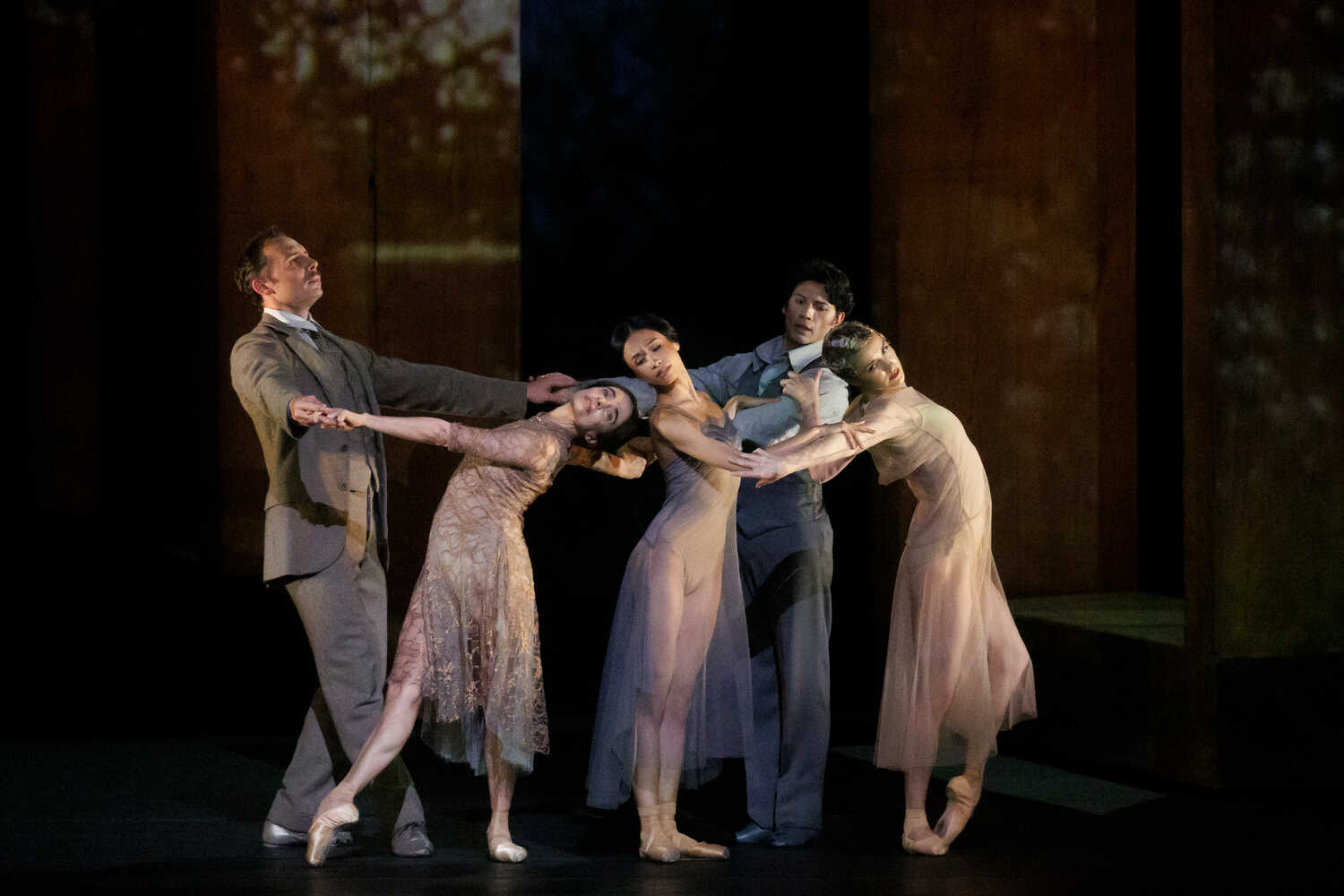 A scene from “I now, I then,” the first section of Wayne McGregor’s “Woolf Works,” in its American Ballet Theater debut. From left, Roman Zhurbin, Alessandra Ferri, Herman Cornejo and Cassandra Trenary.