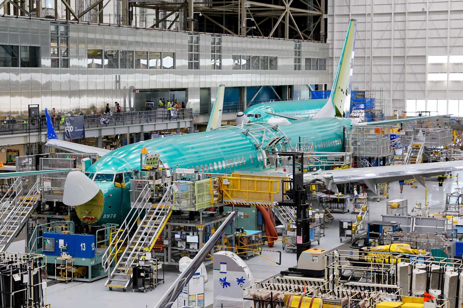 An assembly line for 737 Max aircraft at the Boeing factory in Renton, Wash.