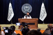Zabihullah Mujahid, the chief spokesman for the Taliban, during a news conference in Kabul, Afghanistan, on Saturday.