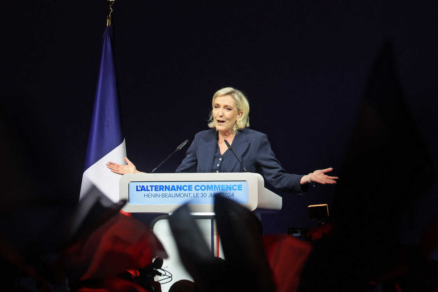 Marine Le Pen, leader of the National Rally, giving a speech Sunday evening in Hénin-Beaumont, France.