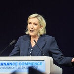 Marine Le Pen, leader of the National Rally, giving a speech Sunday evening in Hénin-Beaumont, France.