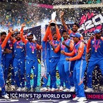 India’s team celebrating after winning the men’s T20 Cricket World Cup in Bridgetown, Barbados, on Saturday.