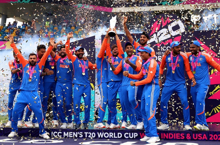 India’s team celebrating after winning the men’s T20 Cricket World Cup in Bridgetown, Barbados, on Saturday.