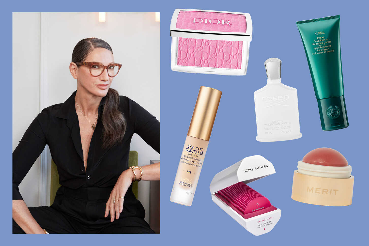 Left: The creative director, fashion designer and co-founder of false eyelash brand LoveSeen, Jenna Lyons, who also serves as a brand partner for skin care line Noble Panacea. Right, clockwise from top left: Dior Rosy Glow Blush in 001 Pink, $40; dior.com; Oribe Intense Conditioner for Moisture & Control; $52, oribe.com; Merit Flush Balm Cheek Color, $30, meritbeauty.com; Noble Panacea the Brilliant Glow Hydration Oil, $235, noblepanacea.com; Biologique Recherche Eye Care Concealer, mybr.com; Creed Silver Mountain Water, $470, creedboutique.com