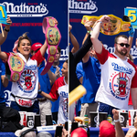 The women’s champion, Miki Sudo, left, ate 51 hot dogs, while the men’s winner, Patrick Bertoletti, right, finished 58.