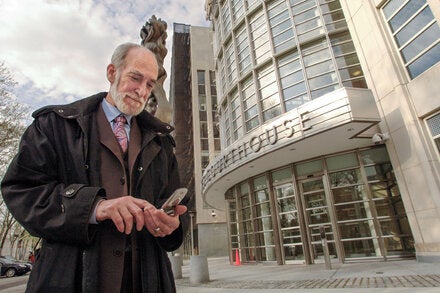 Martin Stolar outside the Brooklyn Federal Courthouse in 2006. He was defending a Pakistani immigrant accused of plotting to blow up the Herald Square subway station.