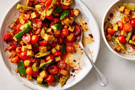 Chile-Crisp Tofu, Tomatoes and Cucumbers