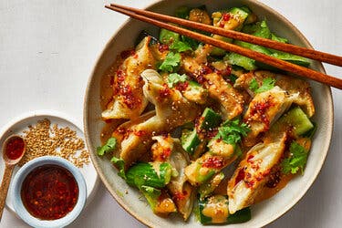 Dumpling and Smashed Cucumber Salad With Peanut Sauce 