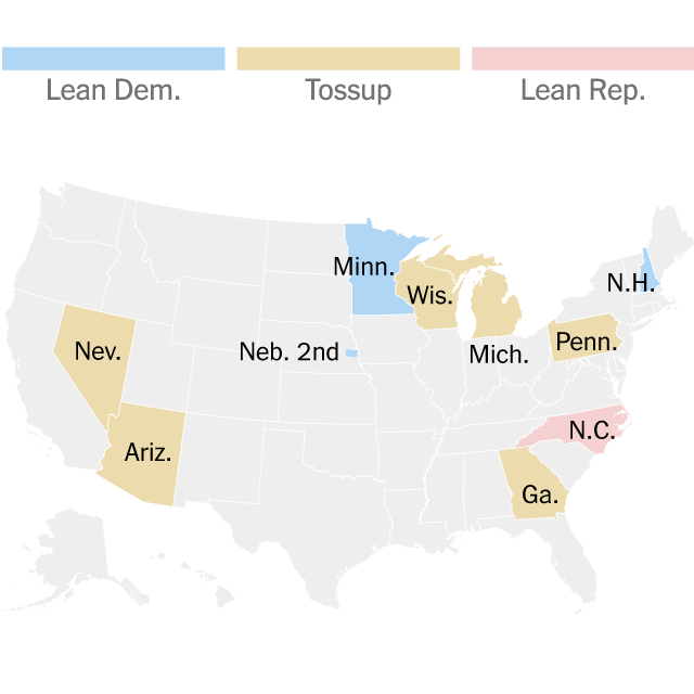 Map highlighting the most competitive states and districts in the presidential race.