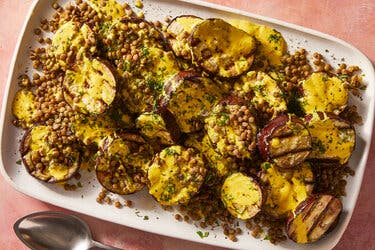 Grilled Eggplant, Herby Lentils and Turmeric Tahini 