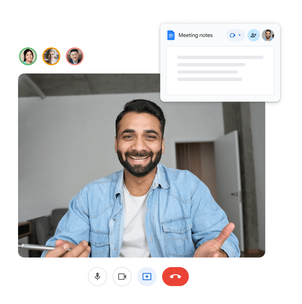 Persona en una llamada con otras tres personas, se muestra una ventana emergente en la que se lee “Notas de la reunión”.