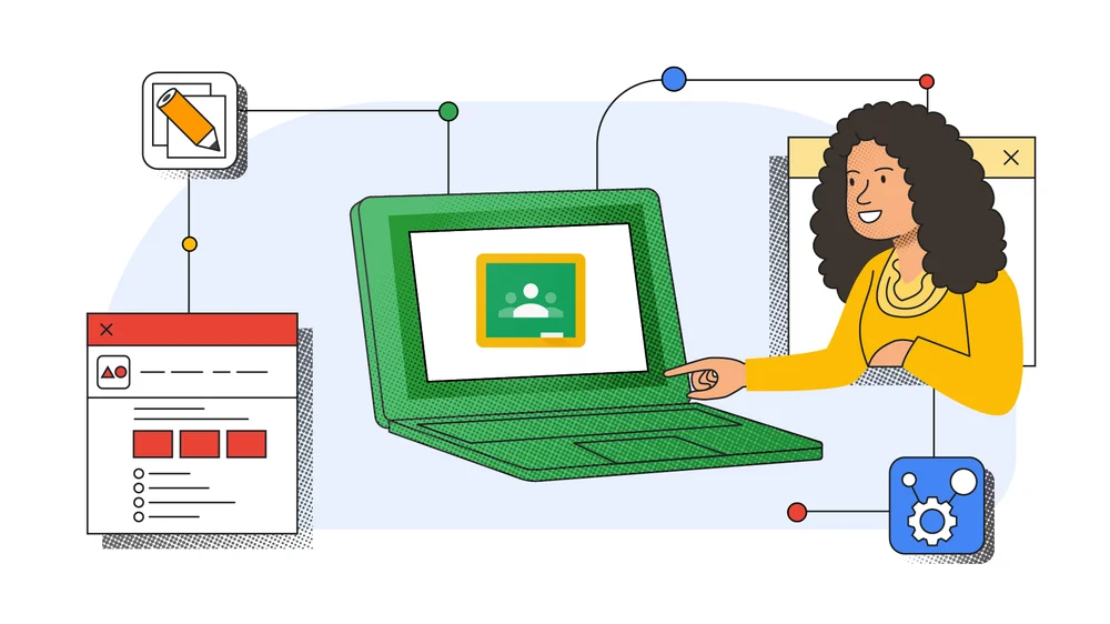 Illustration showing an educator looking at their laptop and seeing various education-related digital interfaces connected.