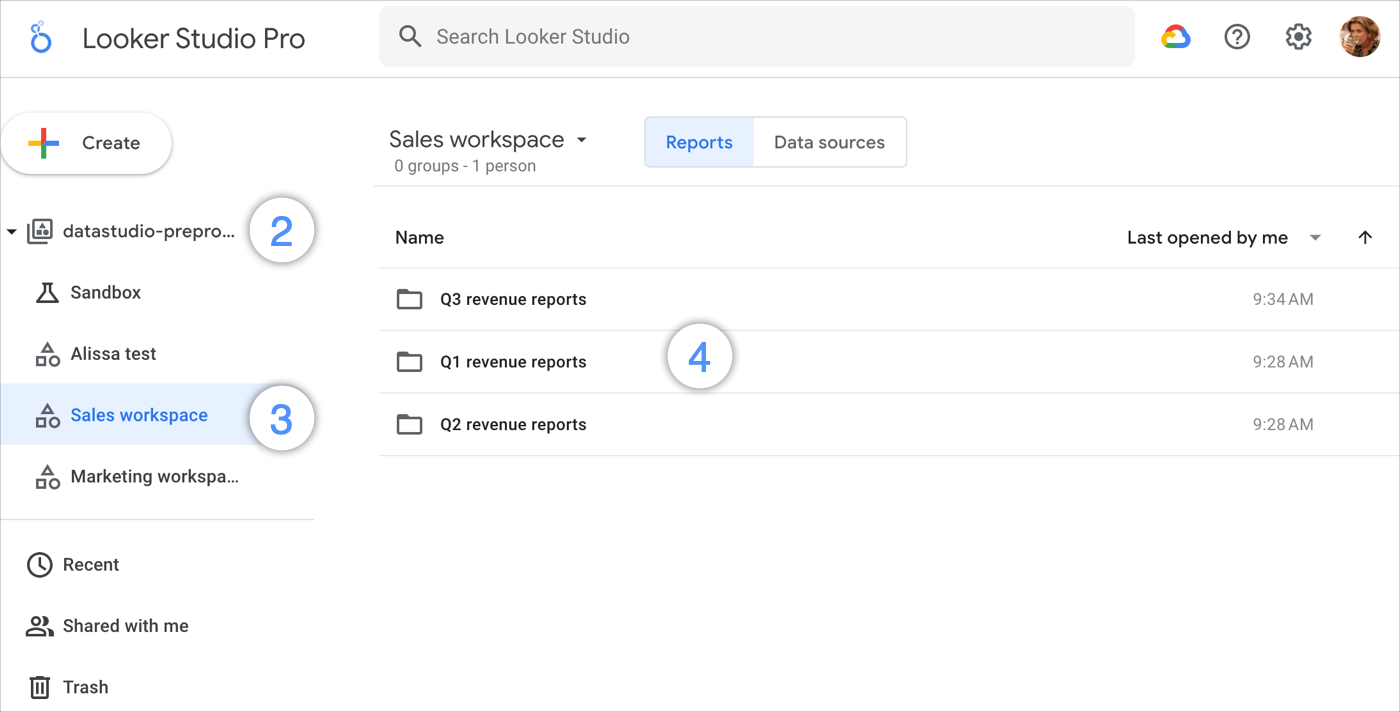 A users selects the Sales workspace in the datastudio-preprod-default project to access a list of folders called Q1 revenue reports, Q2 revenue reports, and Q3 revenue reports.