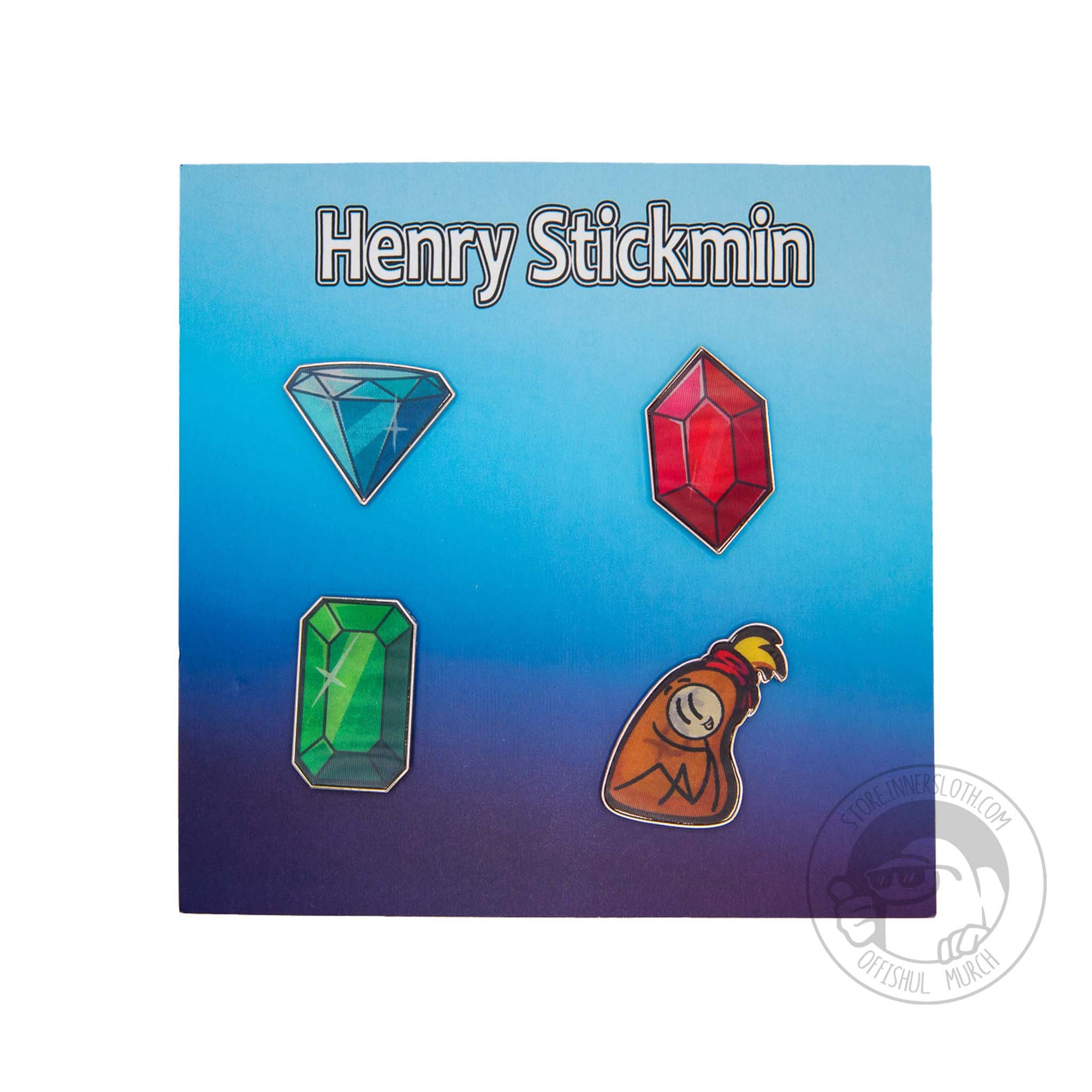 A product photo showing four pins; A blue diamond, a red ruby kite jewel, a rectangular green emerald, and a brown money bag with a dollar sign on the front. All of the pins are attached to a blue ombre backing card. The words Henry Stickmin appear in white with a black stroke above the pins at the top of the card.