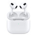 Front view of AirPods (3rd generation) above an open Charging Case, fully charged. 