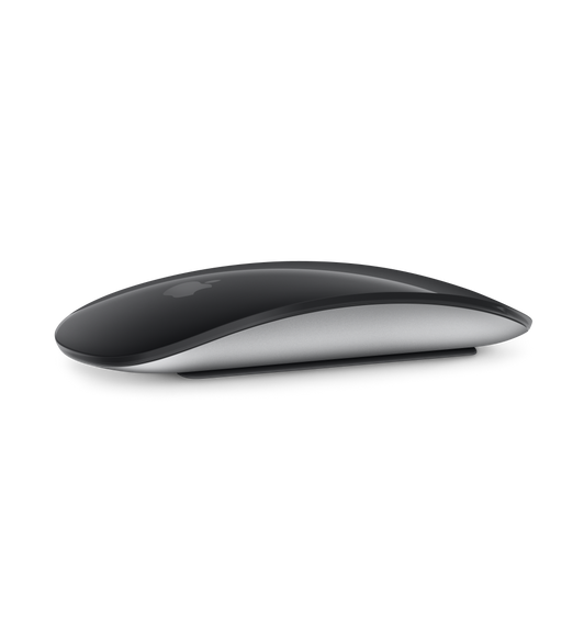 Mysz Magic Mouse w kolorze czarnym z pokazanym opływowym kształtem i obszarem Multi-Touch.
