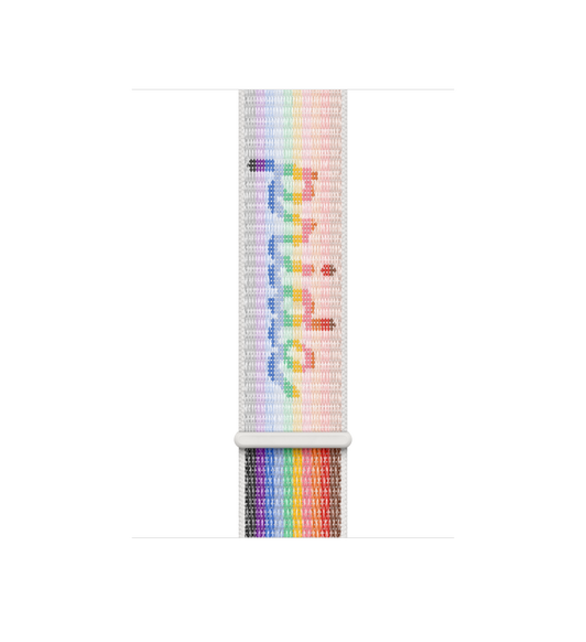 Pride Edition (rainbow) Sport Loop band, woven nylon with rainbow stripes and the word "pride" in script, hook-and-loop fastener