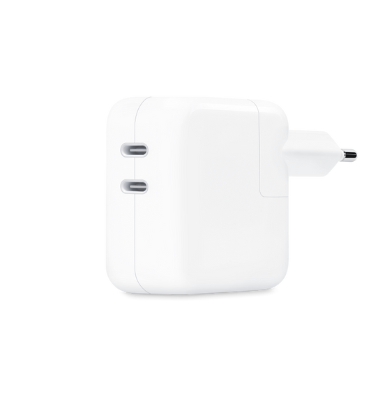 Med 35 W usb-c-strömadaptern med två portar kan du ladda två enheter samtidigt.