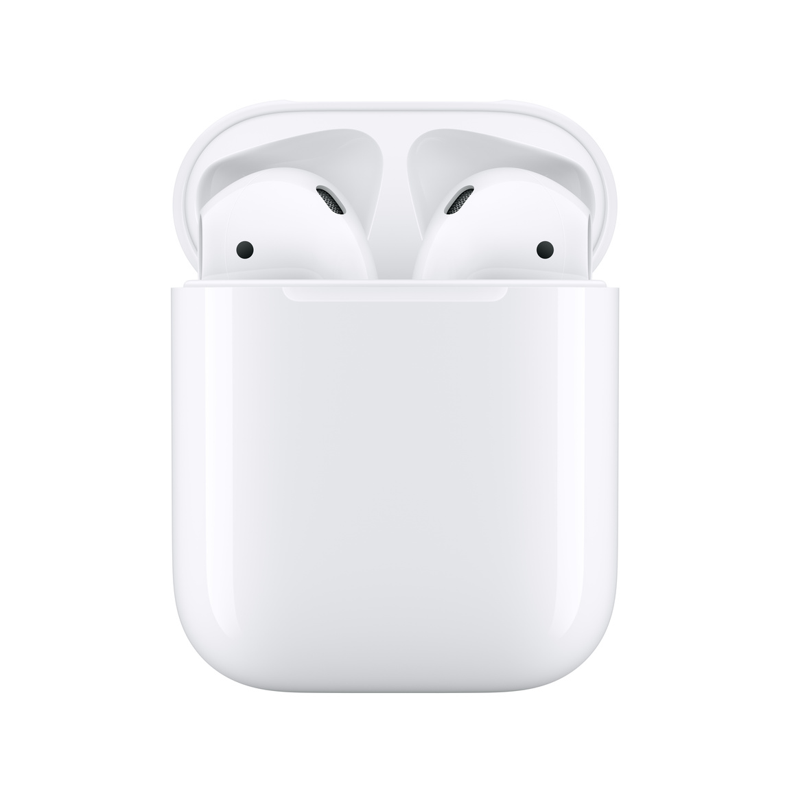 Egy nyitott töltőtokba helyezett 2. generációs AirPods elölnézeti képe. 