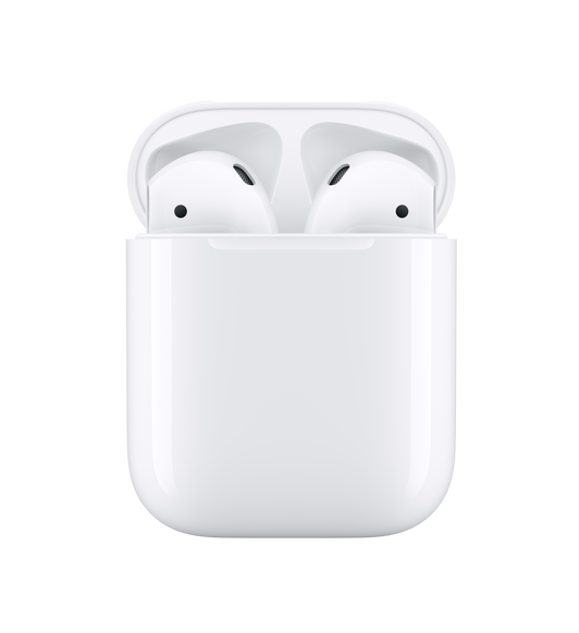 Widok z przodu AirPods (2. generacji) w otwartym etui ładującym. 