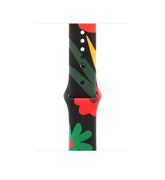 Black Unity Egység virágai sportszíj, rajta különféle alakú és méretű piros, zöld és sárga virágillusztrációk egyszerű stílusban megrajzolva. Bújtatós rögzítő.