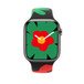 Apple Watch Series 9 med Black Unity-sportbandet med temat Blomma tillsammans, urtavlan har en röd blomma som är gul i mitten, ovanpå en stor grön blomma med kronblad som sträcker sig bortom urtavlan, tim- och minutvisaren i vitt.