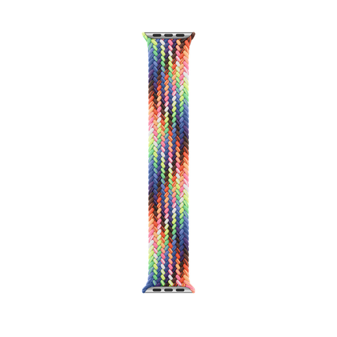 Le bracelet Boucle unique tressée Pride Edition avec des fils tissés dans une gamme de couleurs néon inspirée des couleurs vives du drapeau des fiertés, sans fermoir ni attache