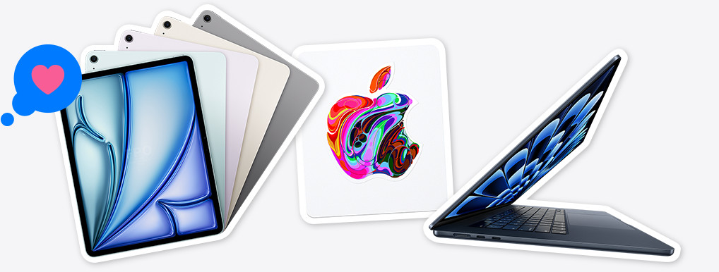 iPad Air Modelle in Blau, Violett, Polarstern und Space Grau, mit einem Herz Tapback, Apple Gift Card Sticker mit einem Apple Logo mit einem abstrakten, verwirbelten, mehrfarbigen Design, geöffnetes MacBook Air in Mitternacht 