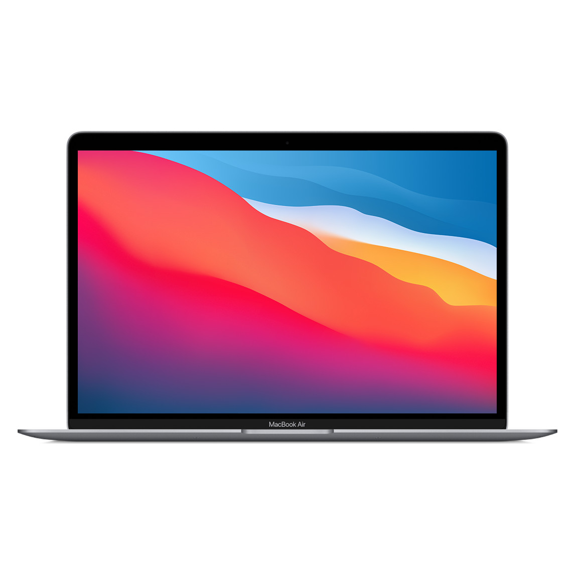 Un MacBook Air con display 13,3 pollici aperto, cornice sottile, videocamera FaceTime HD, angoli arrotondati, grigio