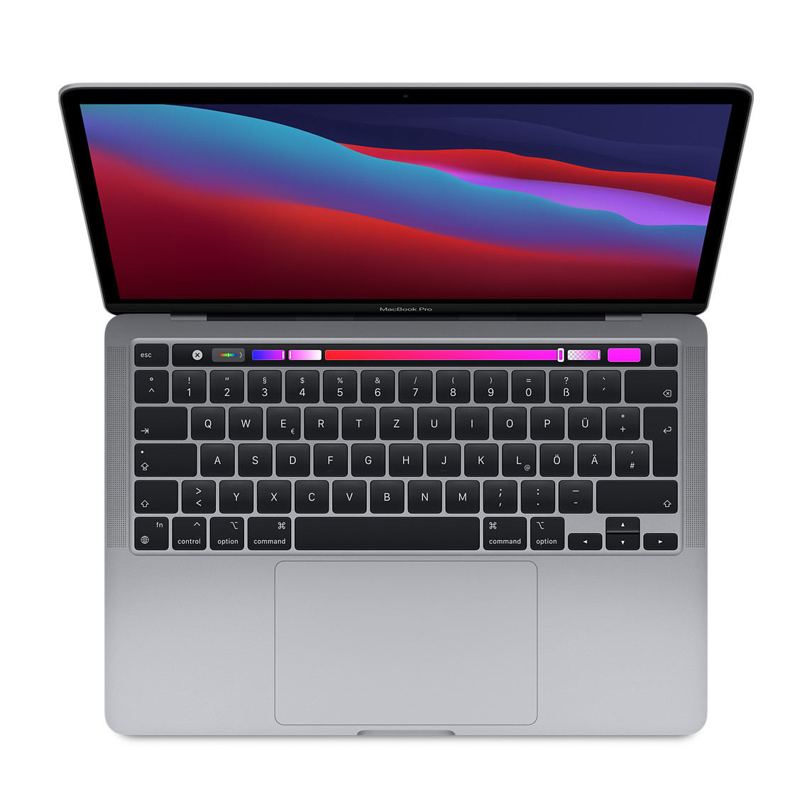 MacBook Pro, geöffnet, Display, Tastatur mit Funktionstasten in voller Größe und runder Touch ID Taste, Trackpad, Space Grau