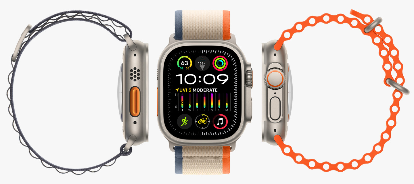 Tre Apple Watch Ultra visar upp de olika armbandstyperna.
