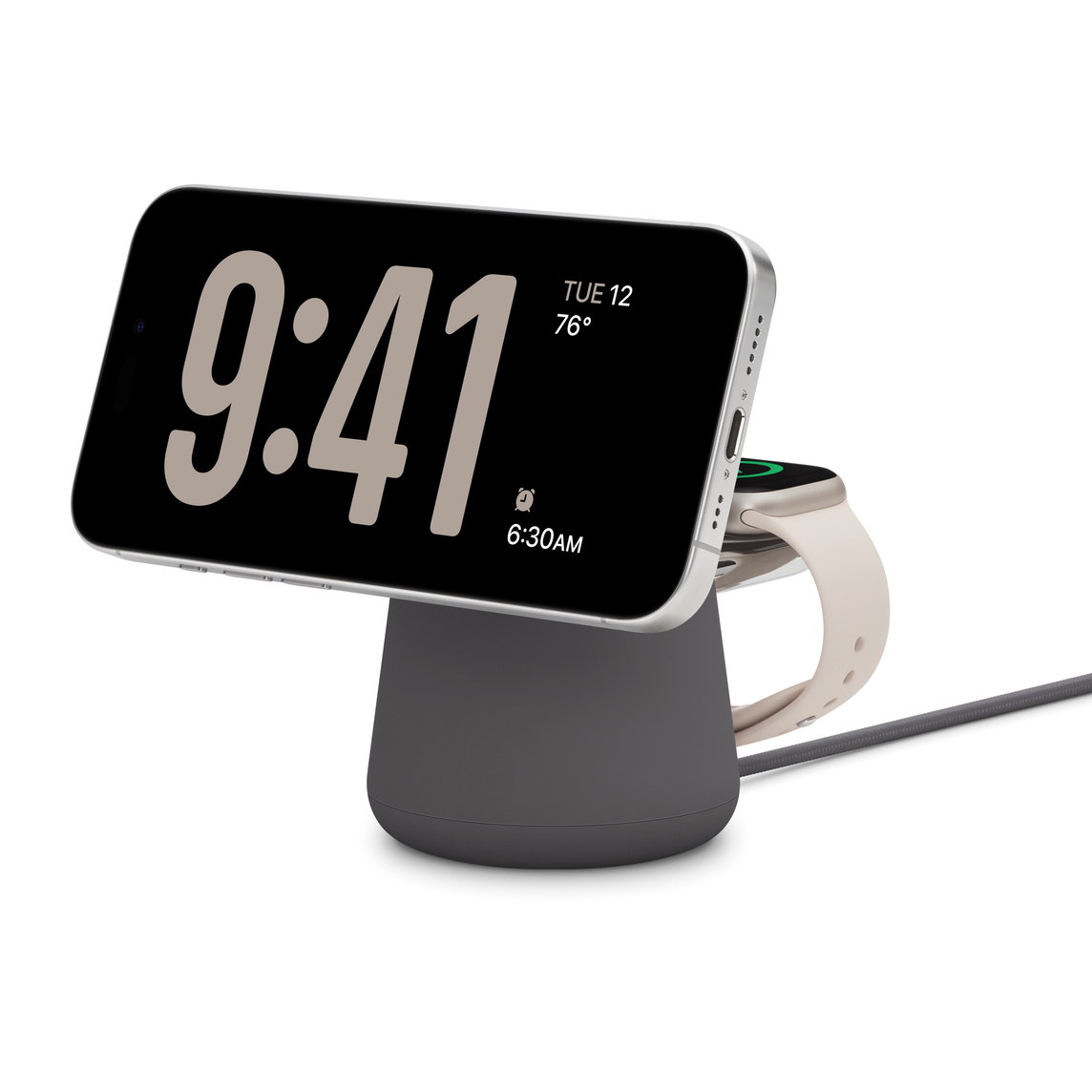 Belkin BOOST CHARGE PRO 2-in-1 Wireless Charging Dock with MagSafe, iPhone charging in landscape position, Apple Watch behind it also charging, USB-C charging cable at bottom