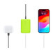 Nimble Champ Portable Charger at center, cables attached at top and bottom, charging AirPods case at left and iPhone at right