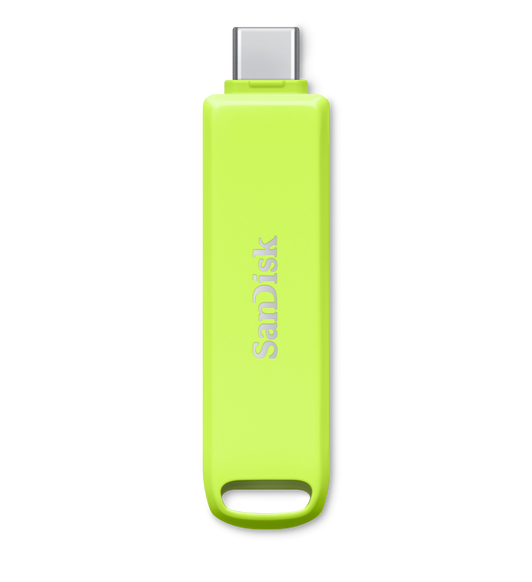 SanDisk® iXpand® Flash Drive Luxe, green, USB-C connector at top, SanDisk logo at centre, keyring at bottom