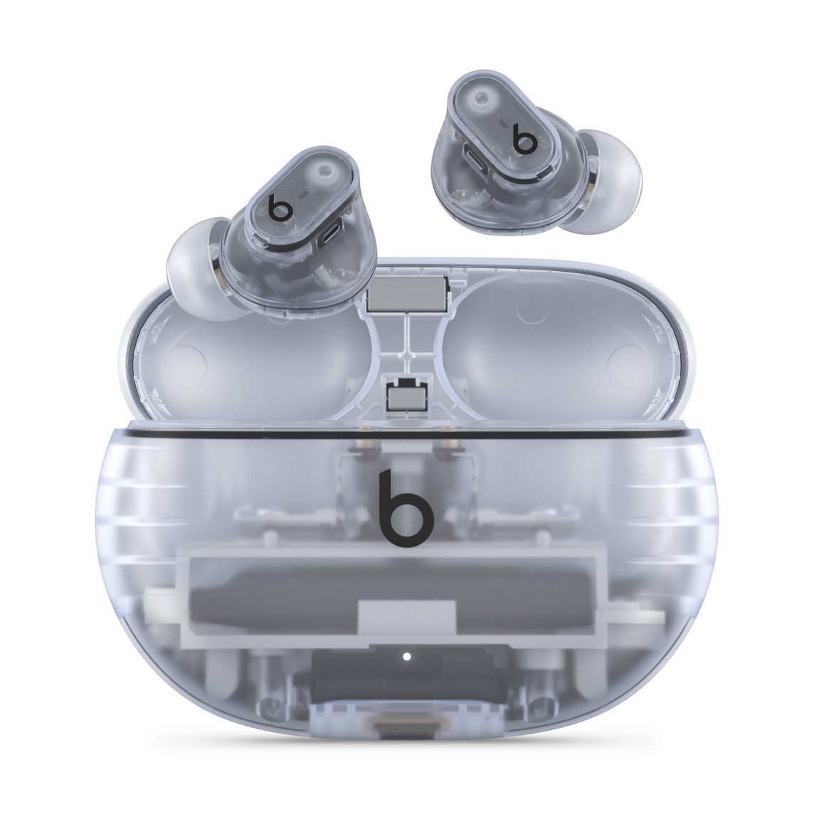 Beats Studio Buds + True Wireless Noise Cancelling Earphones in Transparent, with Beats logo, above convenient charging case.