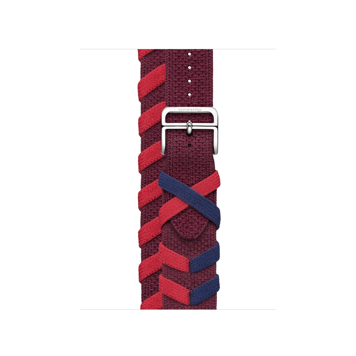 Rouge H (dark red) Bridon Double Tour strap with white stitching and silver stainless steel buckle wraps twice around the wrist.