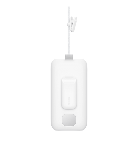 Back exterior, white Belkin Battery Holder, rectangular shape, rounded corners, straight sides. square cutout below the clip, dark grey square pull tab on top, includes cable clip for Apple Vision Pro Battery with built-in cable