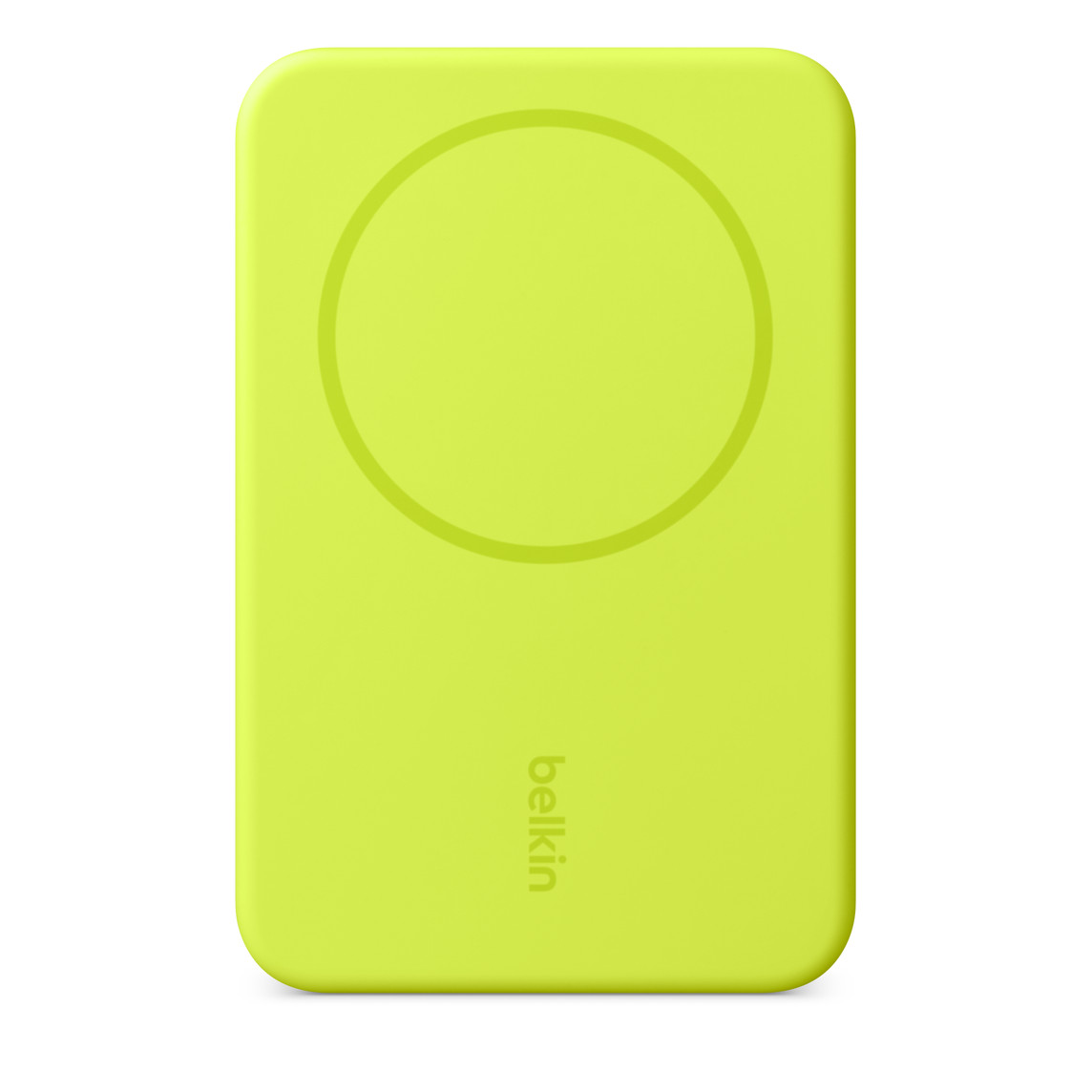 Belkin BoostCharge Pro Magnetic Power Bank, front, rectangular shape with rounded corners, circular charge pad at the top, Belkin logo at the bottom