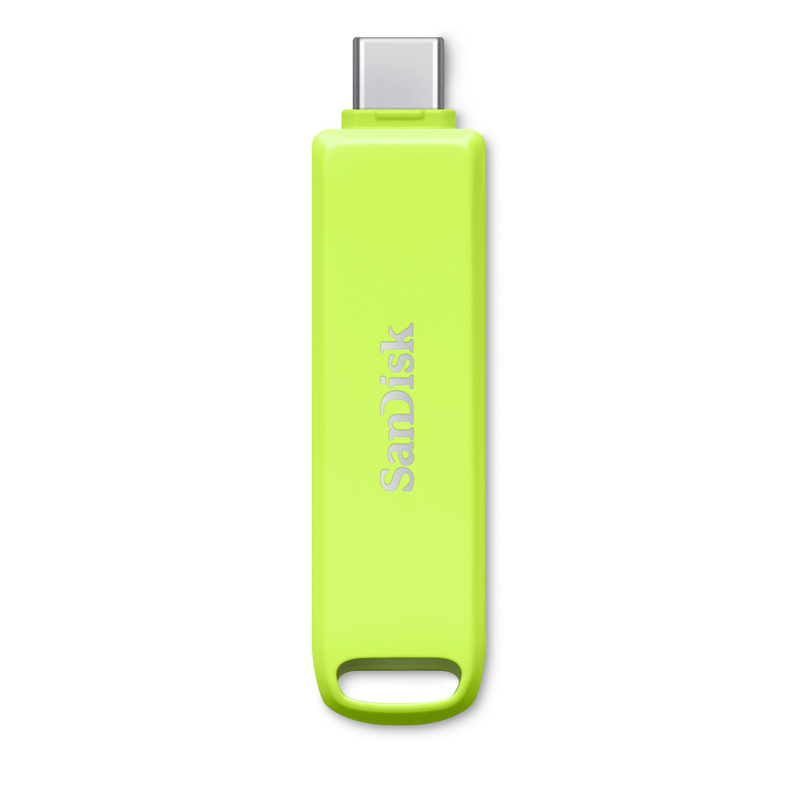 SanDisk® iXpand® Luxe 快閃儲存，綠色，頂端是 USB-C 接頭，中間有 SanDisk 標誌，底部配備鎖匙扣孔