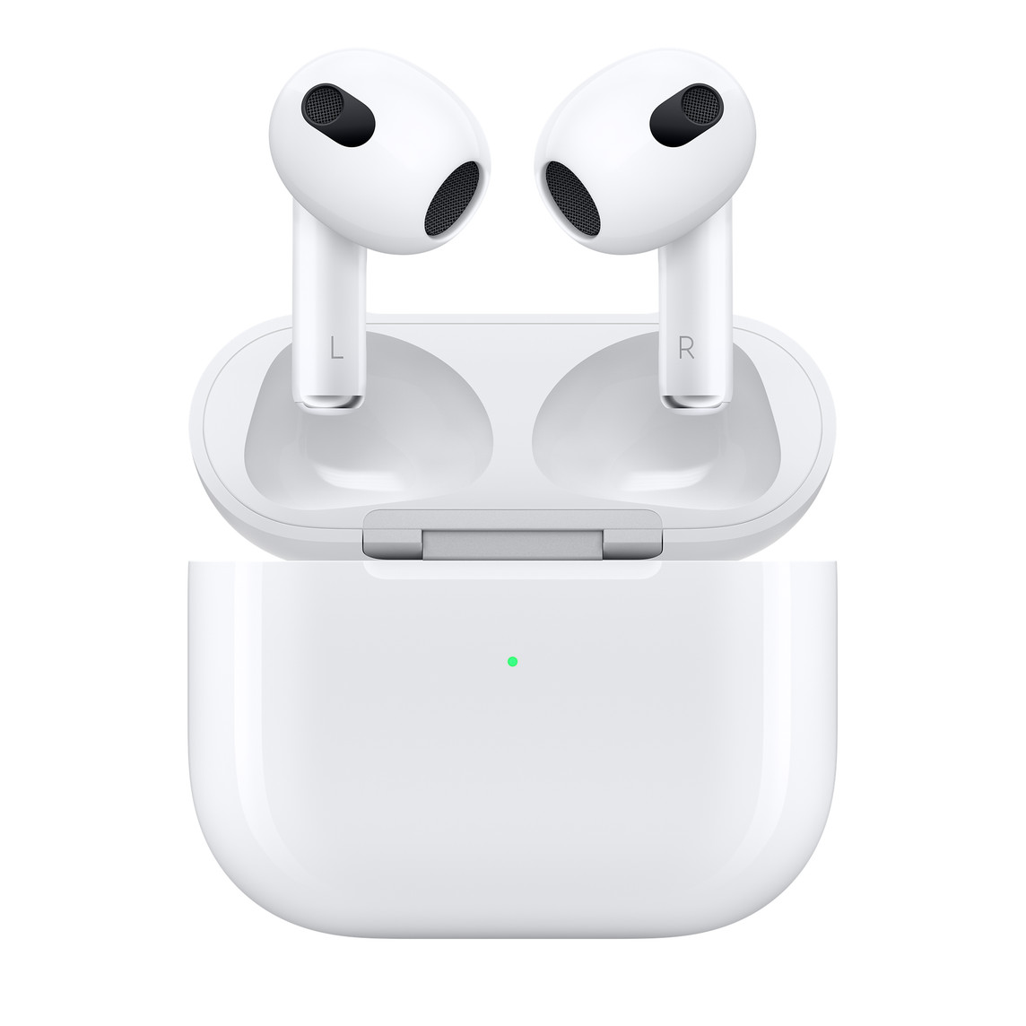 Front view of AirPods (3rd generation) above an open Charging Case, fully charged. 