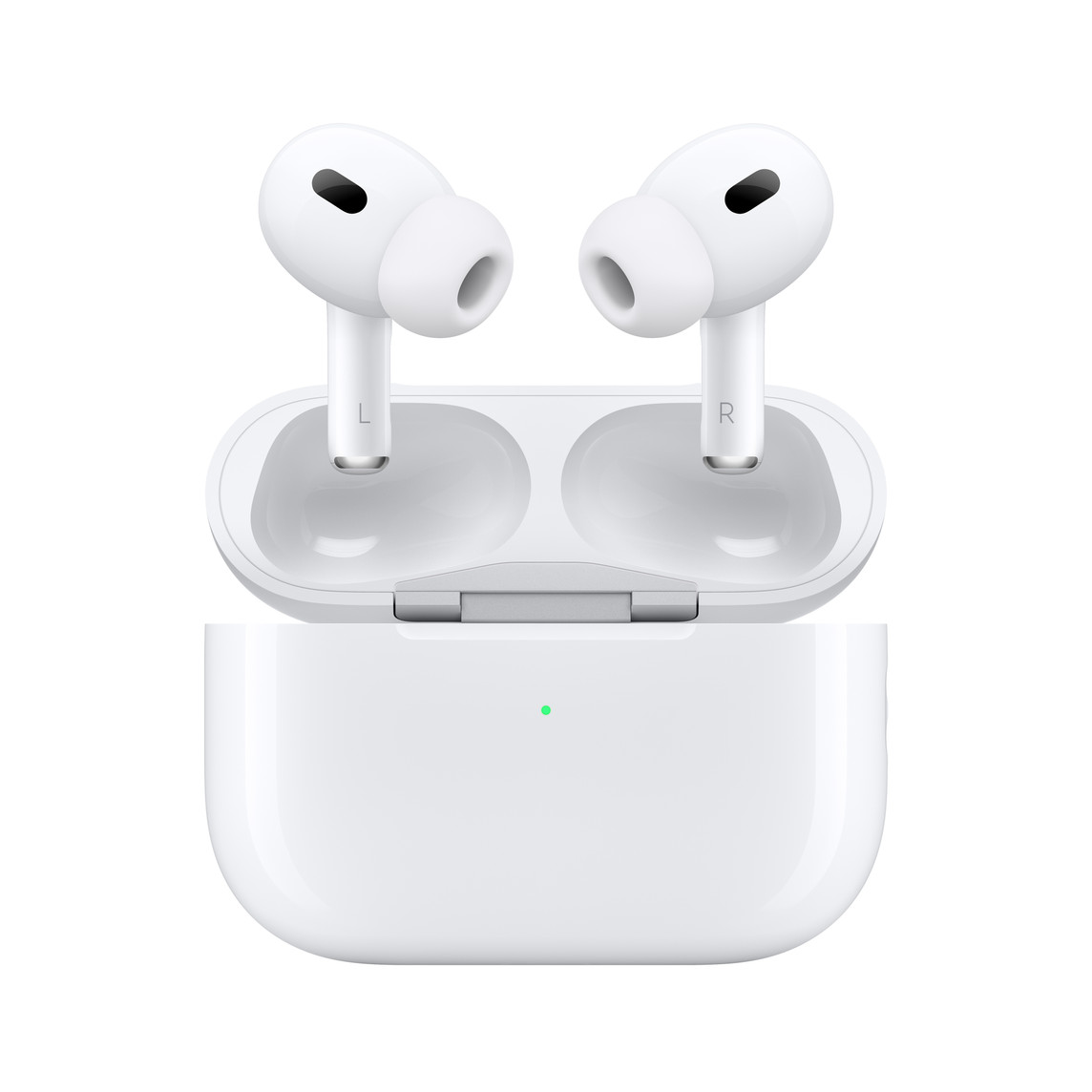 Interior AirPods Pro and MagSafe Charging Case, Right and Left Earbud with Noise Cancelling Microphone at Top of Each Bud, Silicone Tip at End of Each Bud. Top of MagSafe Case Open, Attached by Silver Hinge.