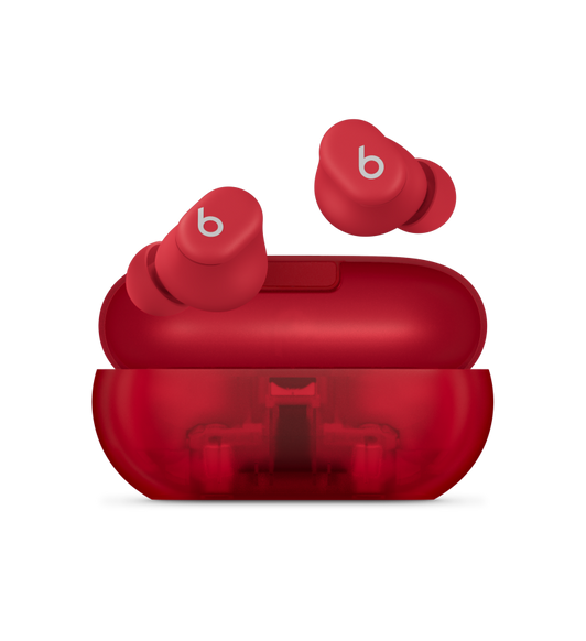 Beats Solo Buds earbuds in Transparent Red, floating above the compact carrying case.